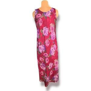 90s Karin Stevens Floral Maxi Dress Size 16 Red Pink Purple Sleeveless Romantic